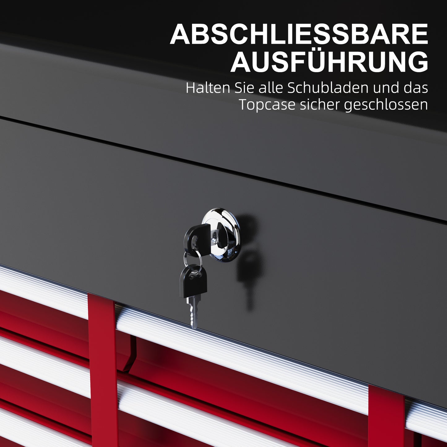 HOMCOM Werkzeugkiste, abschließbar, 3 Schubladen, Stahlgehäuse, 60x26x34cm, Rot+Schwarz