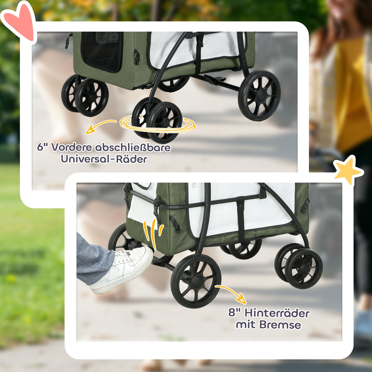 PawHut Hundbuggy Haustierbuggy Hundewagen, klappbar, abnehmbarer Korb, 81 x 58 x 97,5 cm, Schwarz+Dunkelgrün+Weiß