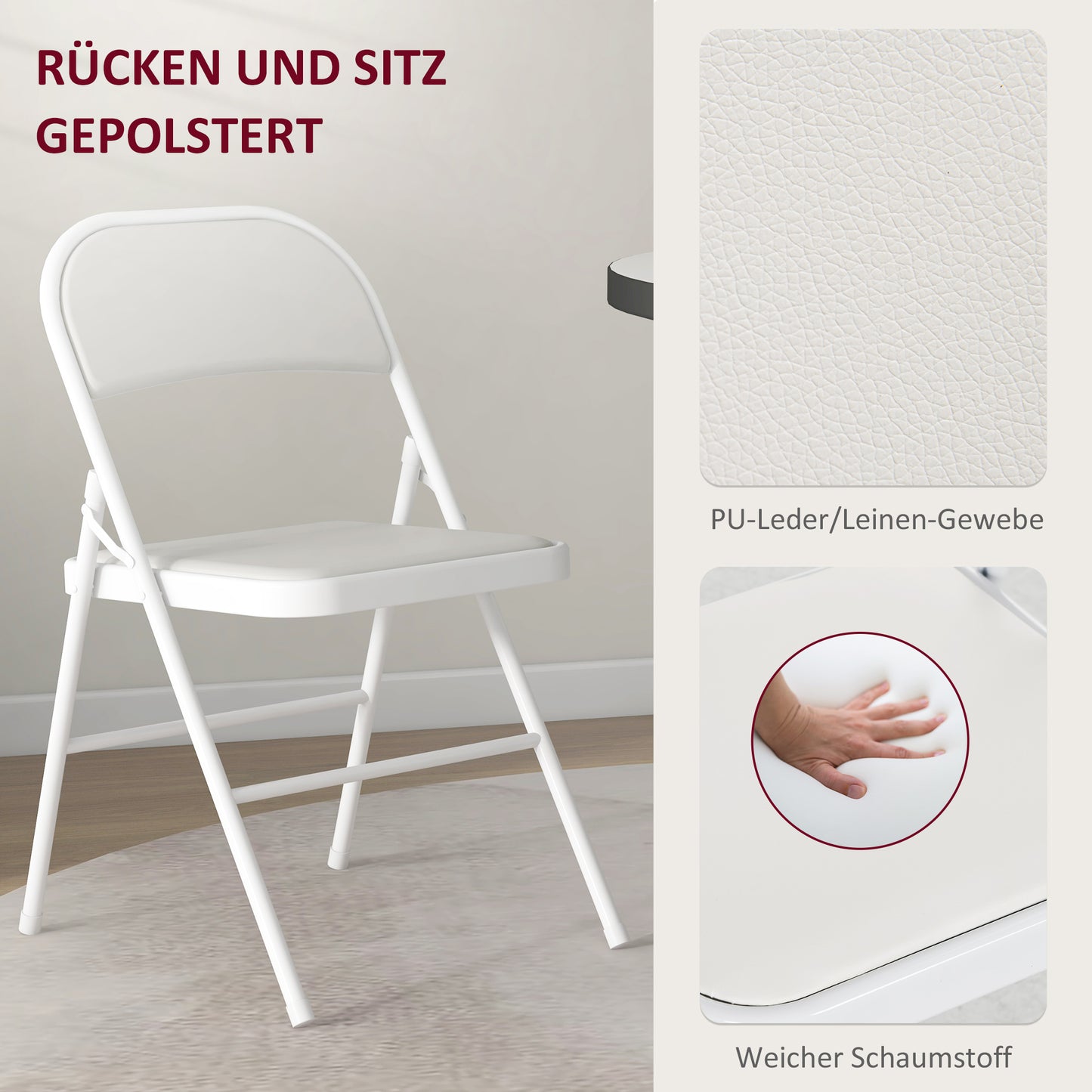 HOMCOM 4er-Set Klappstühle, Tragbare Bürostühle, Metallbeine, Faltstuhl für Büro, Empfang, Wartezimmer, Kunstleder, Weiß