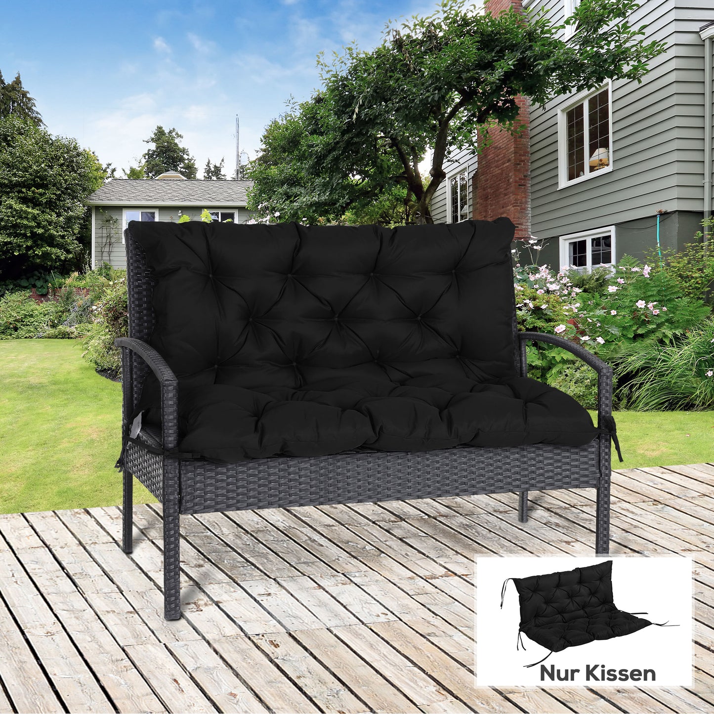 Outsunny 3 Sitzer Bankauflage 100x98x8 cm Bankkissen mit Bändern, Bankpolster für Gartenmöbel Hollywoodschaukel, Schwarz