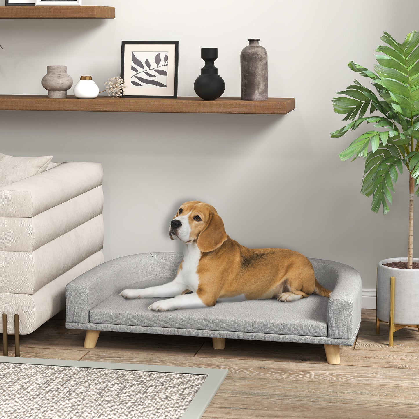 PawHut Hundesofa für große Hunde bis 30 kg, gepolsterte, Kiefernholzbeine, 98 x 67 x 25 cm, Grau