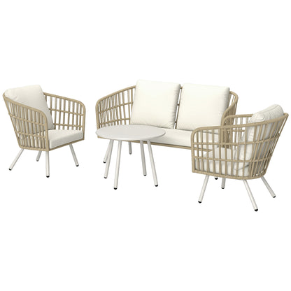 Outsunny Gartenmöbel Set aus Polyrattan Lounge-Set mit 2er Sofa Sessel Tisch Kissen wetterfest für 4 Personen Khaki