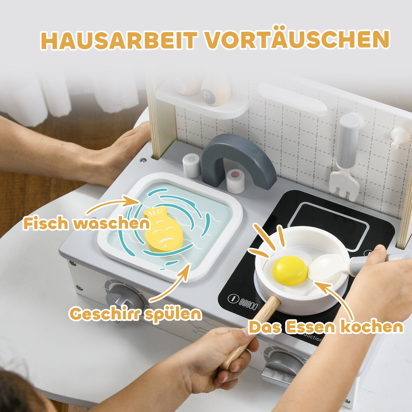 AIYAPLAY Kinderküchen-Set, 10-teilig, mit Gewürzflaschen, Topf, Ei, Fisch, 36x21,5x25 cm, Grau/Gelb