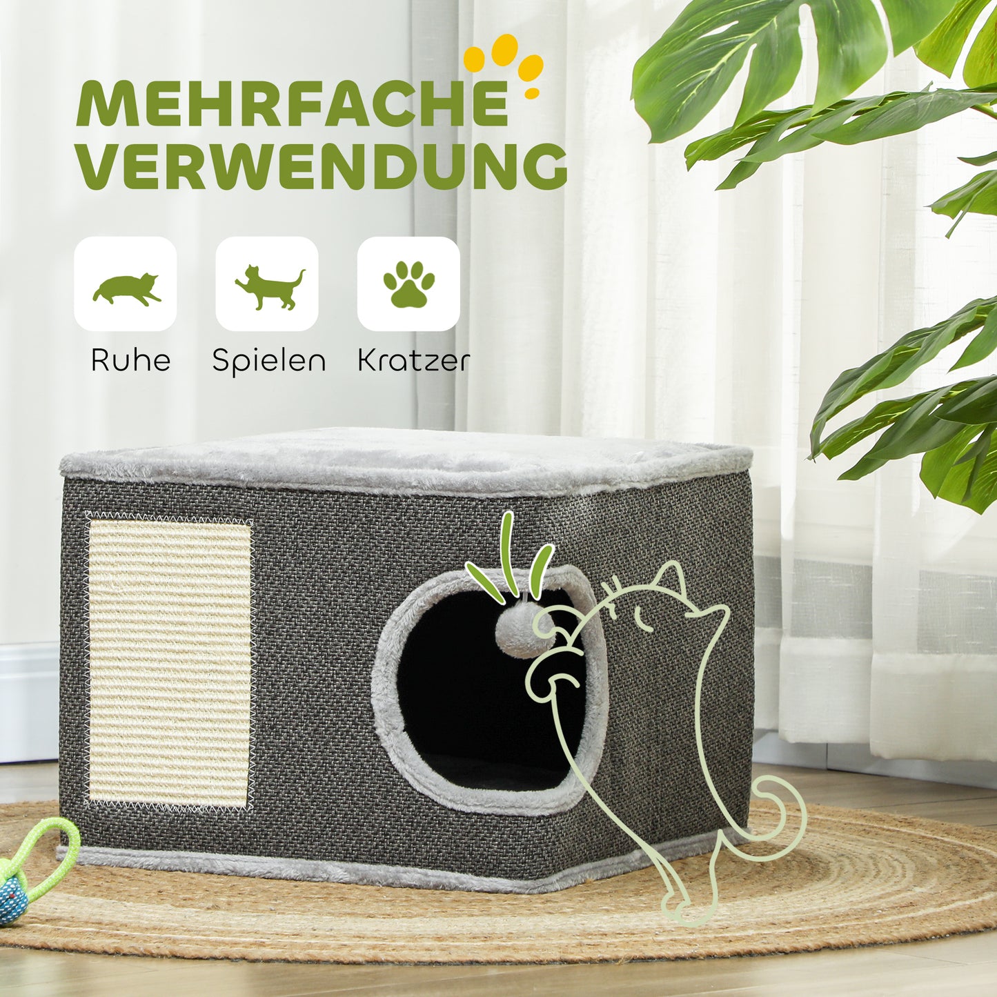 PawHut Katzenhaus mit 2 Kissen, Bett, Höhle, Kratzmatte, Spielball, kleiner Kratzbaum, Grau
