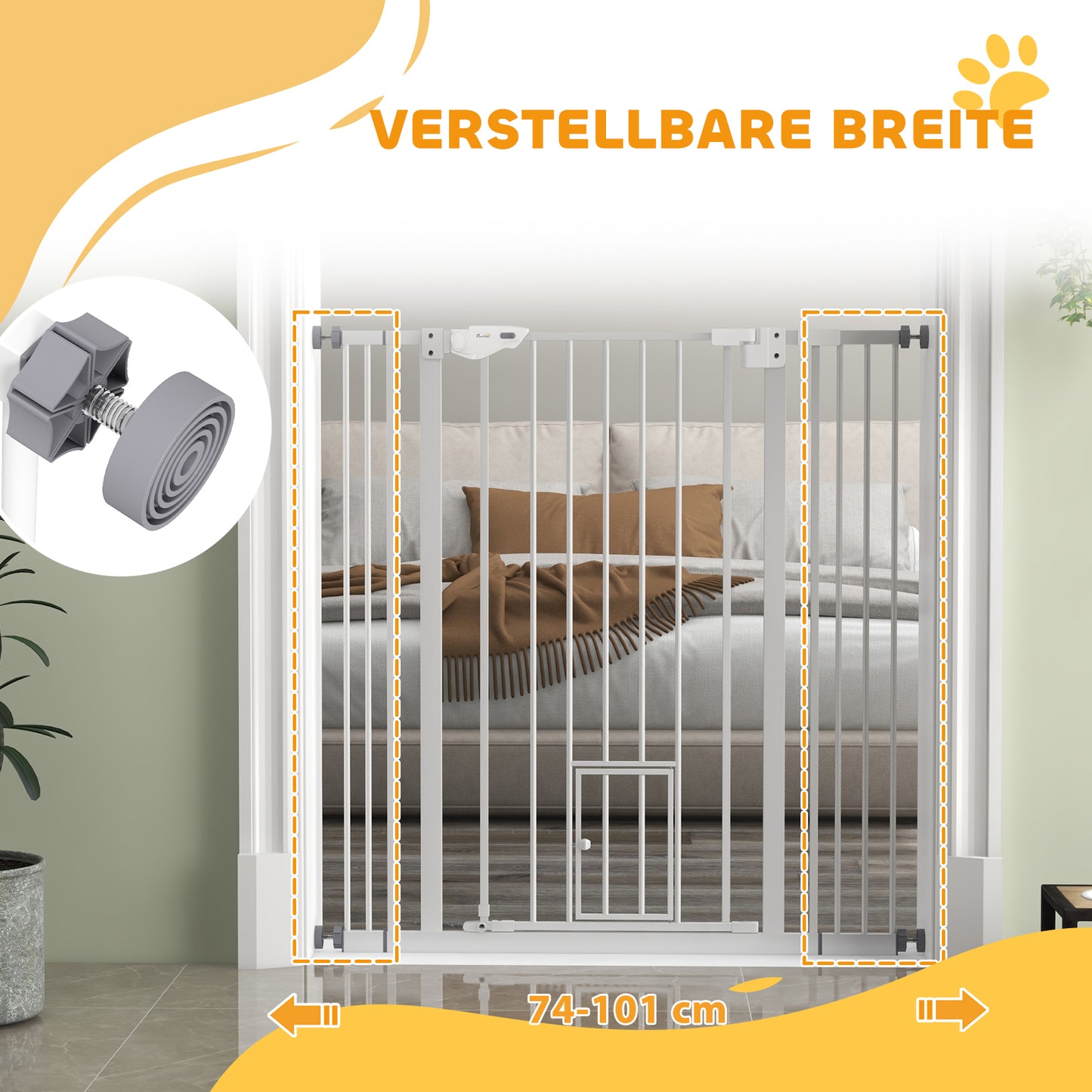 PawHut Hunde-Absperrgitter, dubbel Verriegelung, selbstschließende Tür, 104 cm hoch, Stahl, Weiß