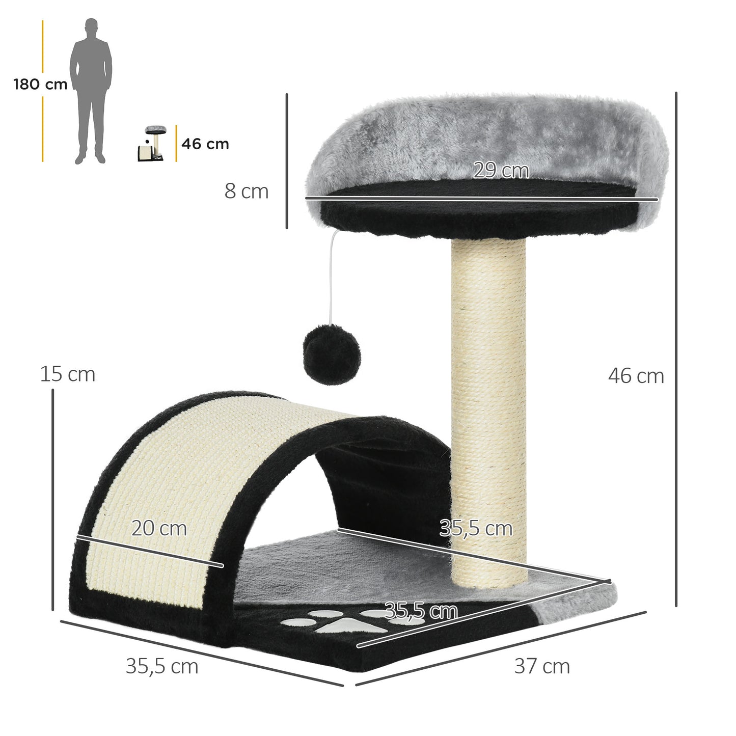 PawHut Kratzbaum Katzenbaum mit Spielbällen Katzenkratzbaum Sisalseil-Kratzstangen Schwarz 35,5 x 37 x 46 cm
