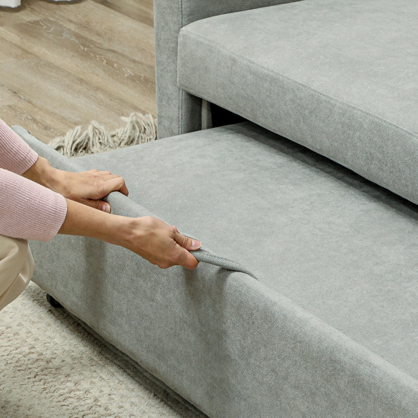 HOMCOM 2-Sitzer Sofa mit Bettfunktion, Verstellbarer Rückenlehne, Polstersofa, Samtoptik, für Wohnzimmer, Schlafzimmer, Hellgrau