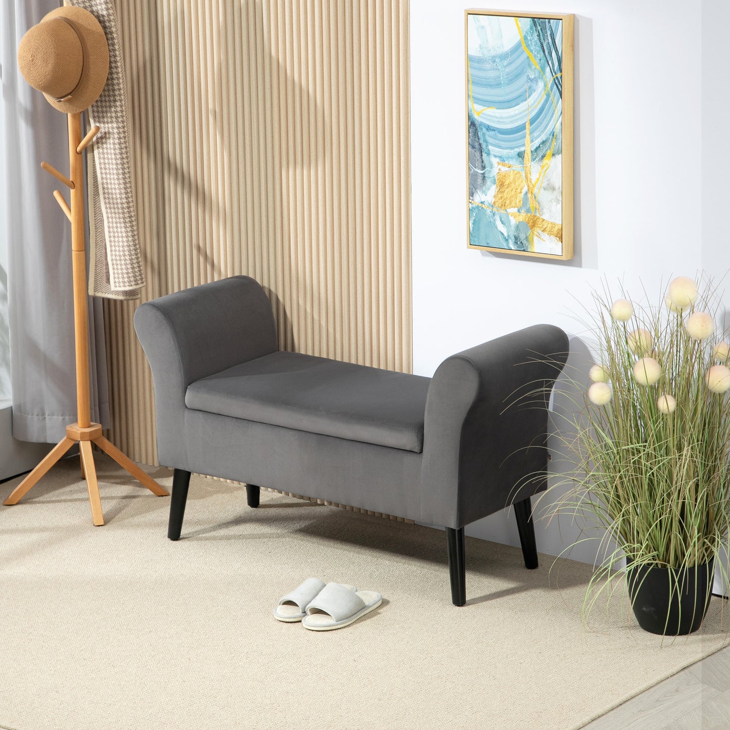 HOMCOM Polsterbank mit Stauraum, Truhenbank mit Armlehnen, 46 cm Sitzhöhe, samtartiges Polyester, 111,5 x 41 x 65 cm, Dunkelgrau