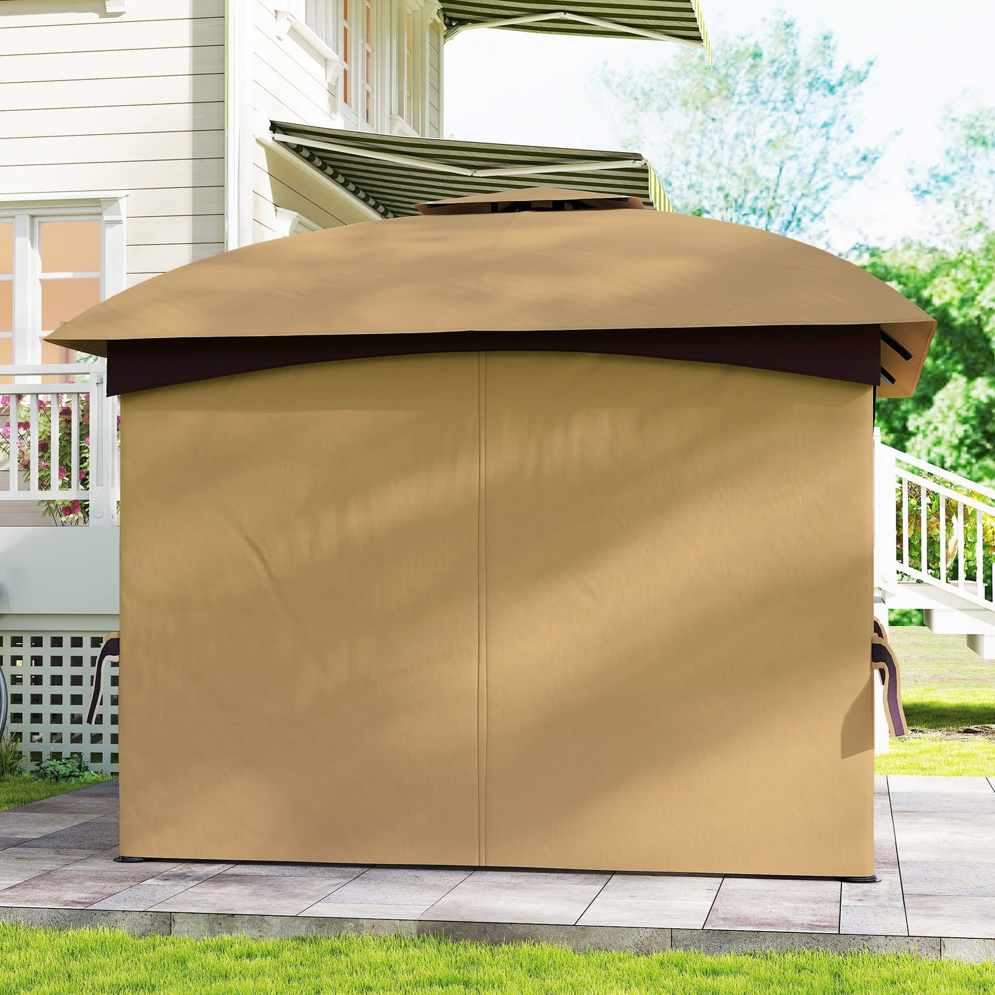 Outsunny 3,4 x 3,4 m Gartenpavillon, Bierzelt mit Lüftungsdach, Bogenfenstern, Stahlgestell, Beige