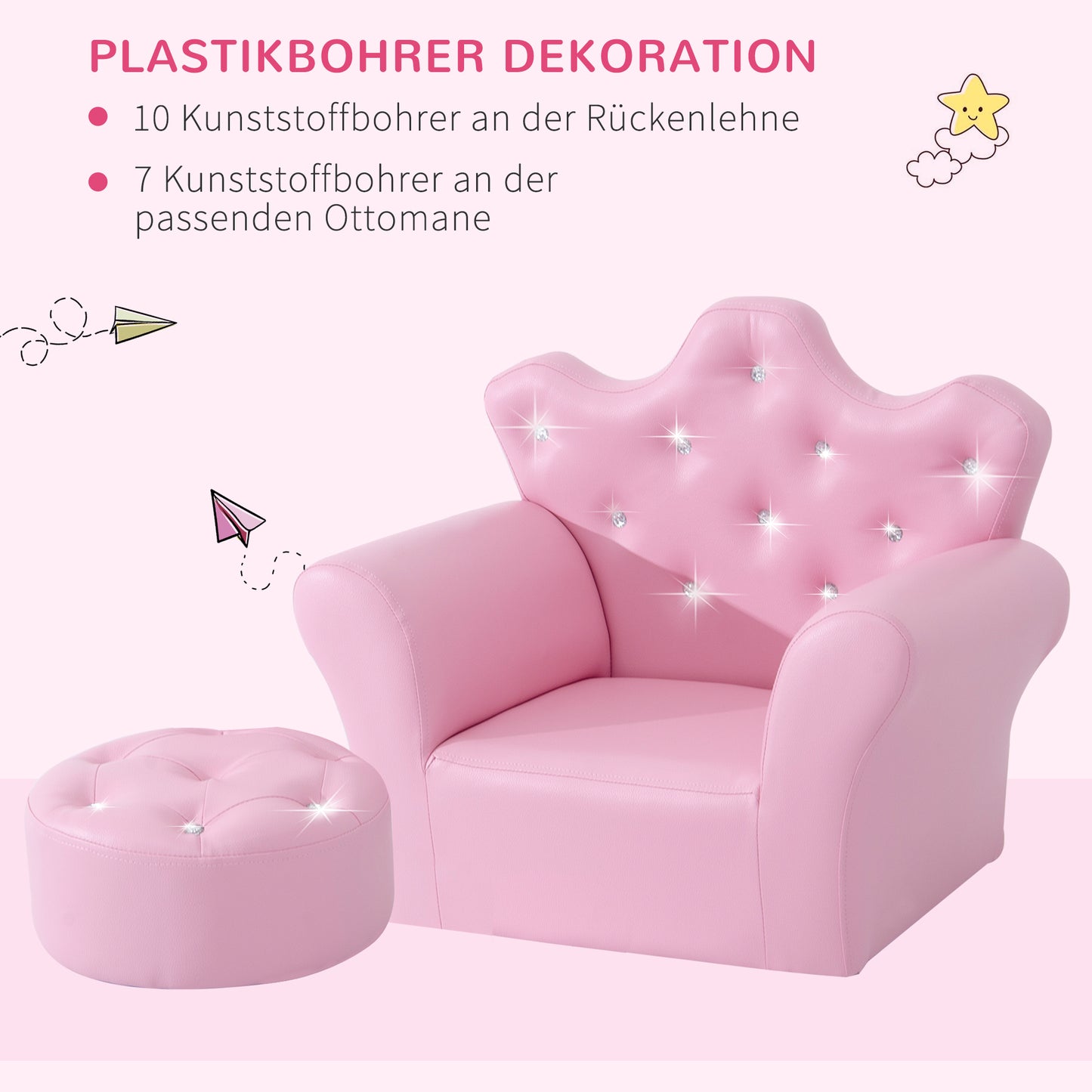 HOMCOM Spielsofa für Kinder, Kindersofa mit Ottomane, Kindercouch Prinzessinnen Spielsofa Kindercouch Mini Couch für Kuschelecke, Kinderzimmer, Spielzimmer, Schlafzimmer, Rosa
