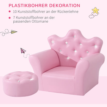 HOMCOM Spielsofa für Kinder, Kindersofa mit Ottomane, Kindercouch Prinzessinnen Spielsofa Kindercouch Mini Couch für Kuschelecke, Kinderzimmer, Spielzimmer, Schlafzimmer, Rosa