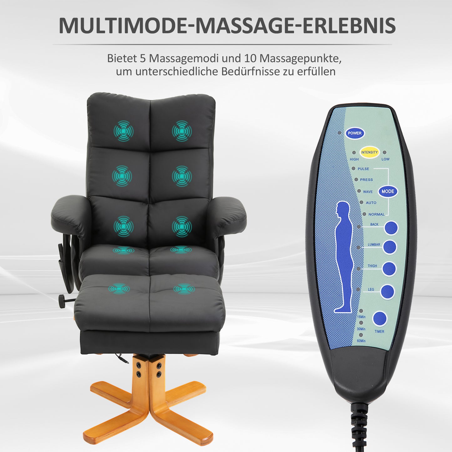 HOMCOM Massagesessel mit Hocker, 145° Neigbarer Relaxsessel mit Massagefunktion Liegefunktion Stauraum, TV-Sessel Fernsehsessel für Wohnzimmer, Kunstleder, 80 x 86 x 99 cm Schwarz