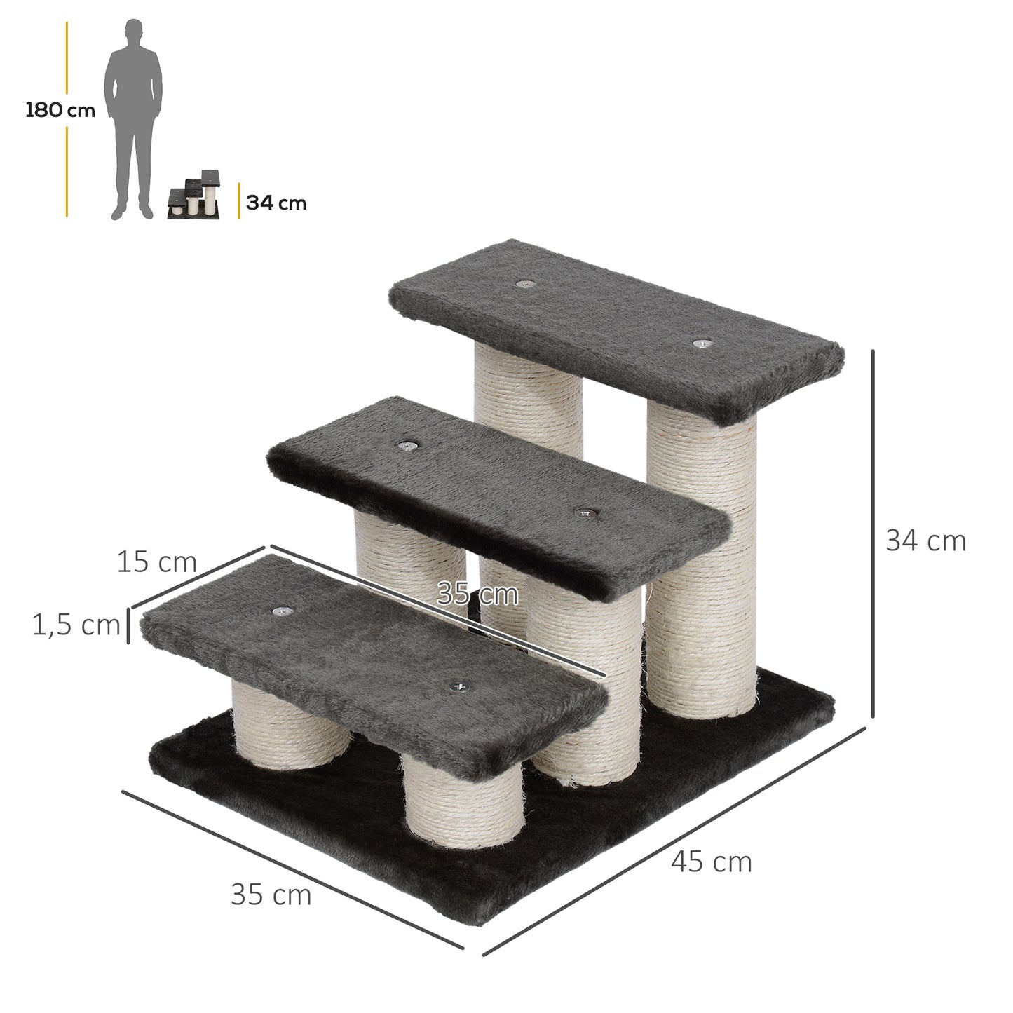 PawHut Hundetreppe 3 Stufen 34 cm Hoch Haustiertreppe für Hunde Katze Katzentreppe mit Kratzstamm Hunderampe Einstiegshilfe für Bett, Sofa, Couch Dunkelgrau
