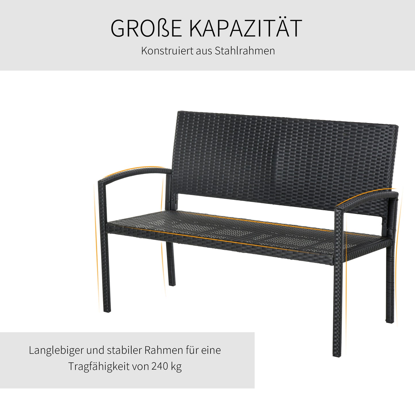 Outsunny Gartenbank, in Rattanoptik, mit Stahlrahmen, für 2 Personen, Schwarz, 122 x 60 x 85cm