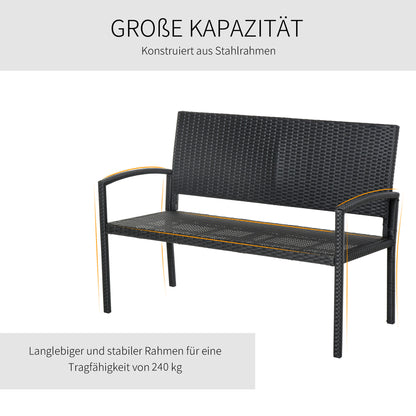 Outsunny Gartenbank, in Rattanoptik, mit Stahlrahmen, für 2 Personen, Schwarz, 122 x 60 x 85cm