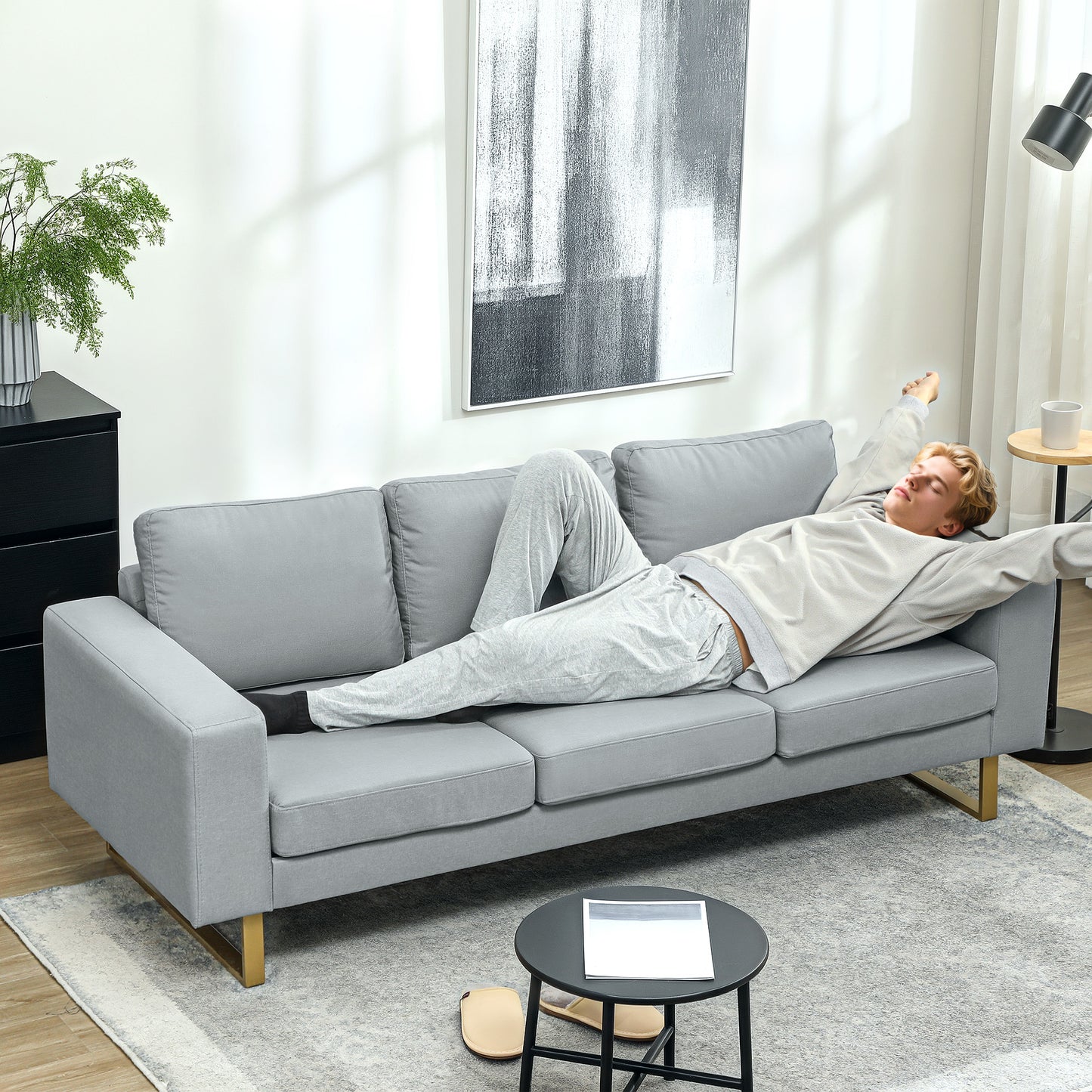 HOMCOM 3-Sitzer-Sofa, Couch mit Vollholzrahmen, Metallbeine, schlichtes Design, Hellgrau