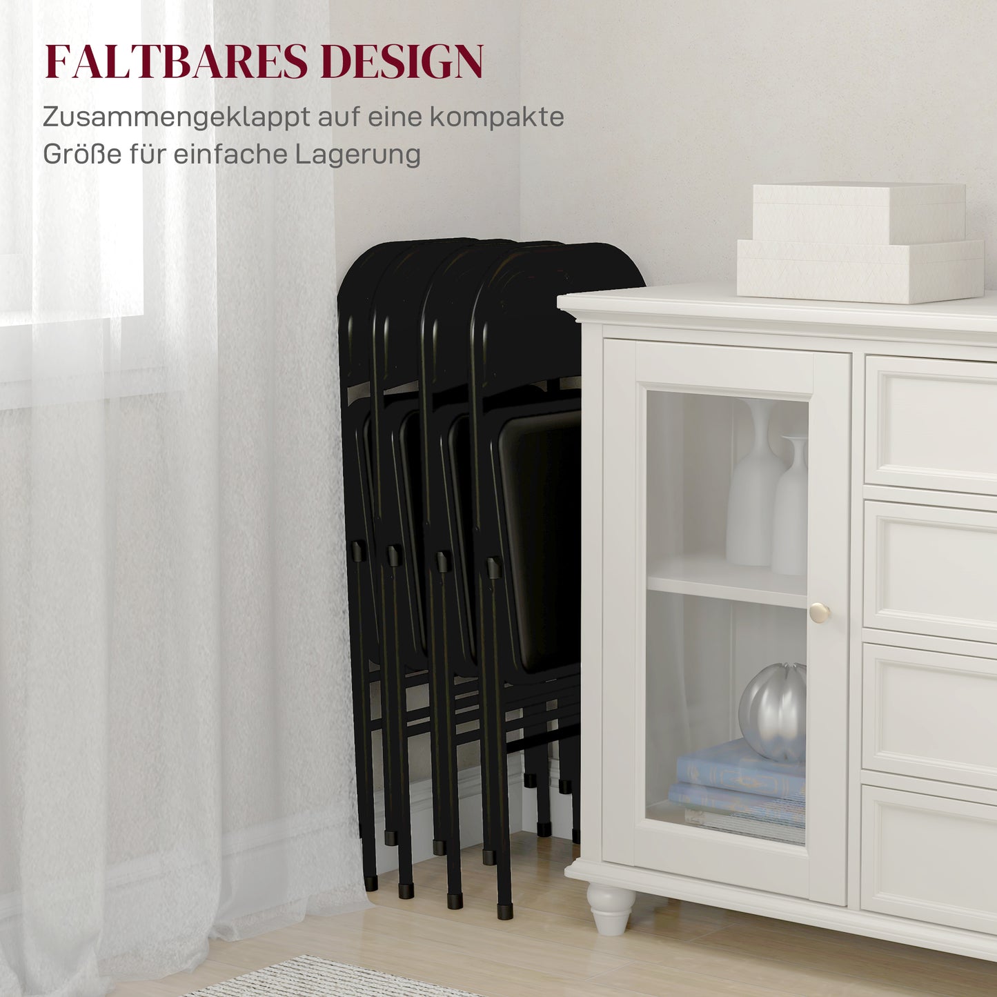 HOMCOM 4er-Set Klappstühle, Tragbare Bürostühle, Metallbeine, Faltstuhl für Büro, Empfang, Wartezimmer, Kunstleder, Schwarz