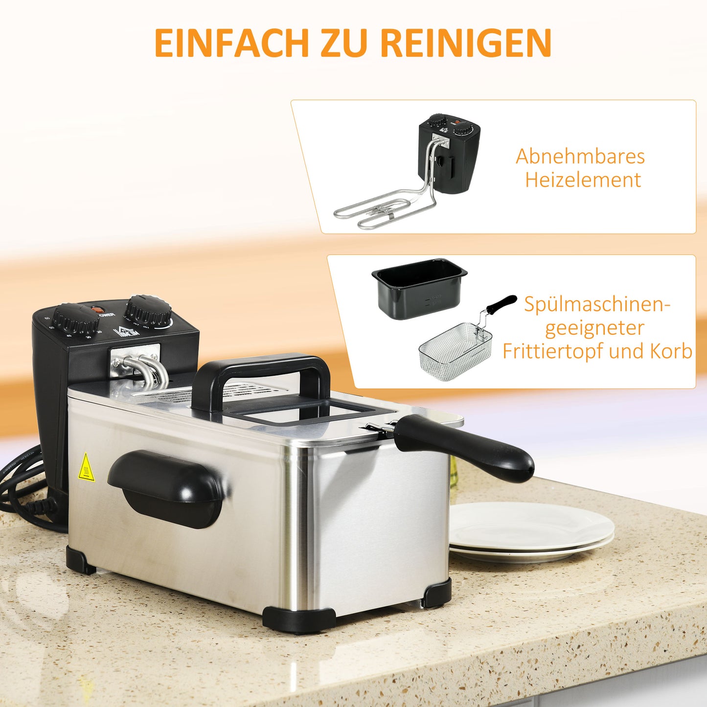 HOMCOM Fritteuse, 3 Liter, 2.000W Leistung, Klarsichtdeckel, kühler Griff, Schwarz