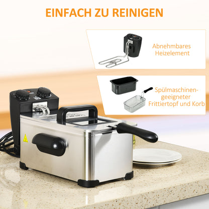 HOMCOM Fritteuse, 3 Liter, 2.000W Leistung, Klarsichtdeckel, kühler Griff, Schwarz