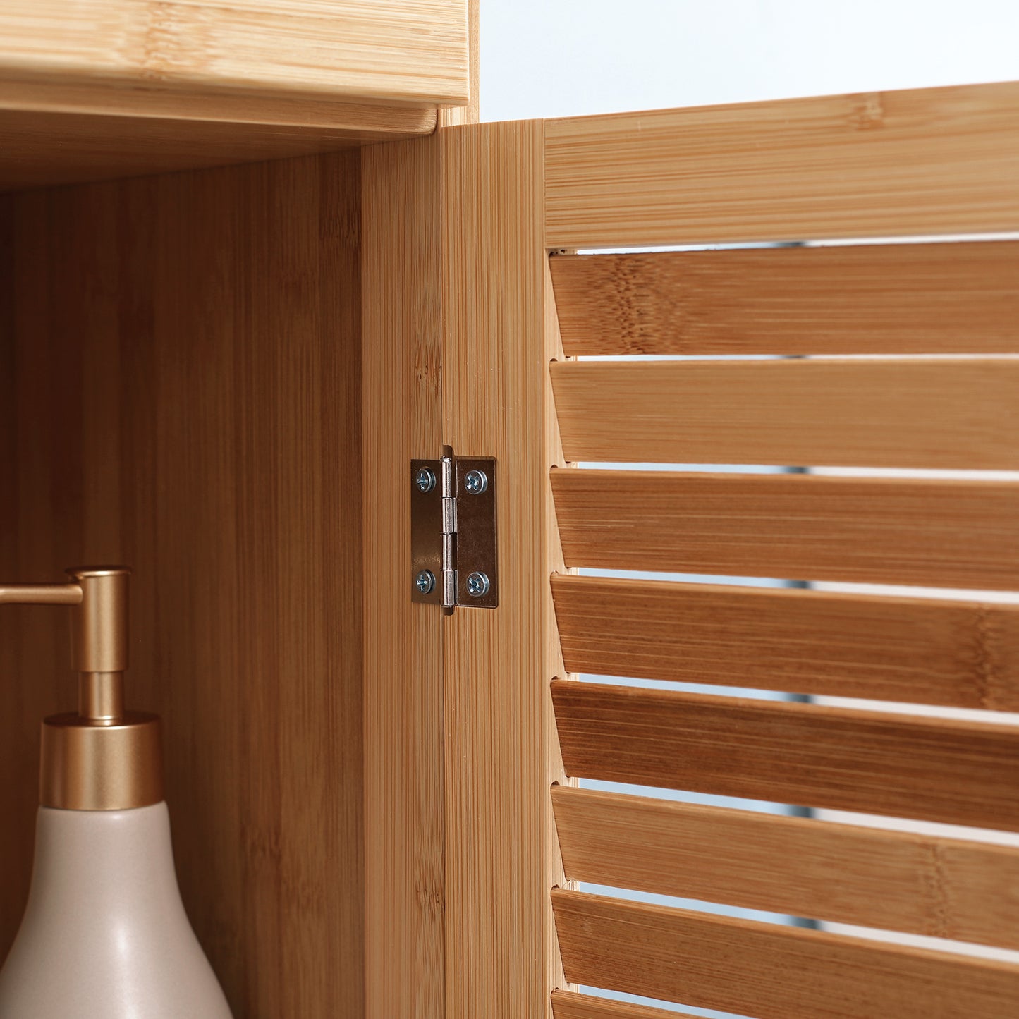 kleankin Badezimmerregal, 3 offene Fächer, Schublade, Lamellentür, Bambus, 32 x 30 x 163 cm