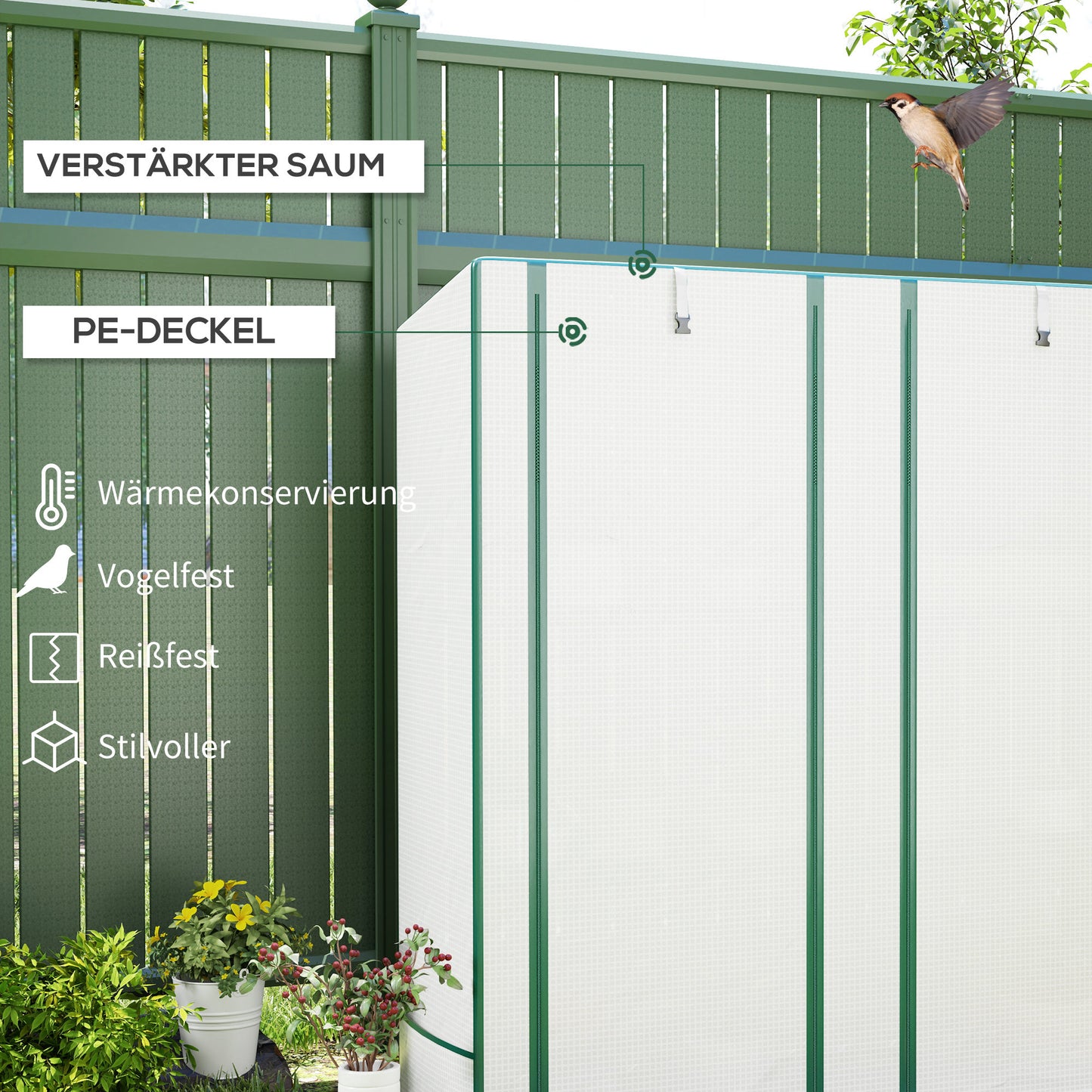 Outsunny Mini-Gewächshaus mit 3-Ebenen-Regal, Kunststoff-Abdeckung, UV-beständig, tragbar, Rolltür, 144 x 48 x 152 cm, Weiß