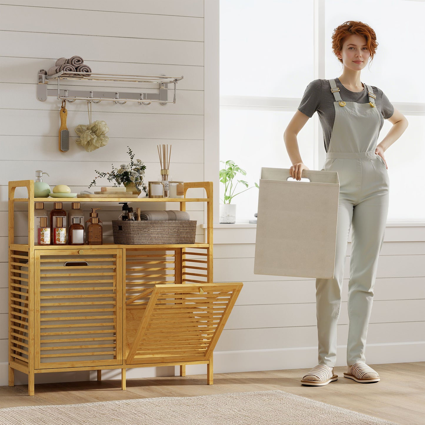 HOMCOM Wäscheregal mit 2 Wäschekörben, freistehendes Bambusregal für Badezimmer, Waschküche, Naturholz+Cremeweiß