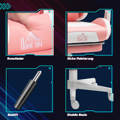 HOMCOM Gaming-Sessel mit Katzenohren, neigbare Lehne, ausziehbare Fußstütze, bis 120 kg, Rosa/Weiß