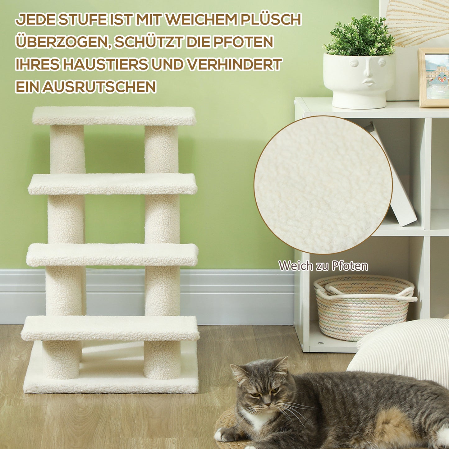 PawHut Katzentreppe 4 Stufen Tiertreppe Treppe für Katze Haustiertreppe Hundetreppe aus Plüsch 61 x 41 x 60 cm Cremeweiß