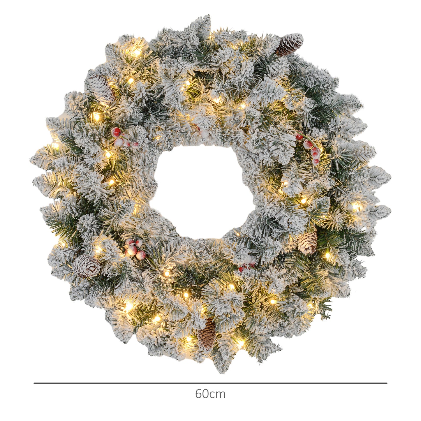 HOMCOM Weihnachtskranz mit LED-Beleuchtung, roten Beeren, realistisches Aussehen, Ø60 x 10 cm, Grün