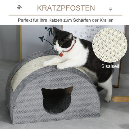 PawHut Katzenhöhle mit Kraztbrett Katzenbett Kratzhaus Katzenhaus Katzenwohnung Sisal Grau 48,5 x 30 x 30 cm