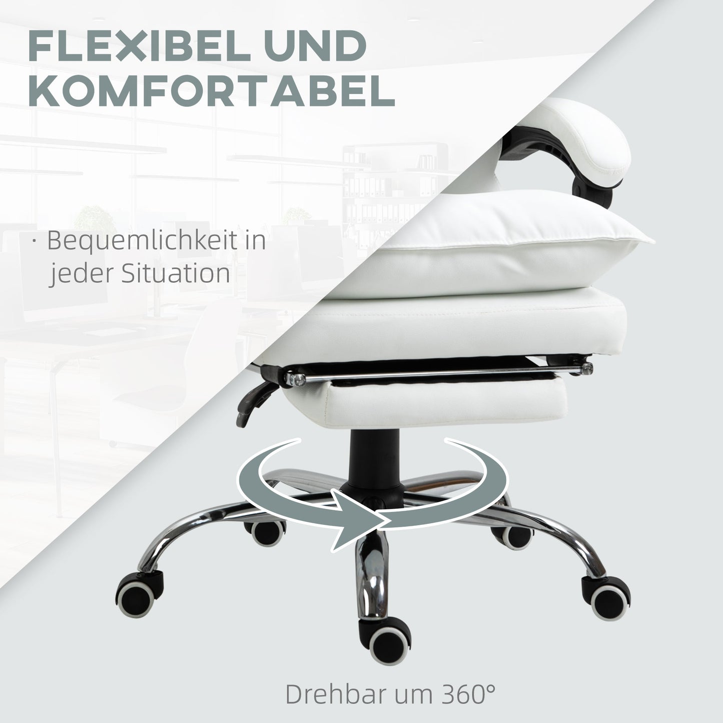 Vinsetto Bürostuhl mit Liegefunktion, ergonomisch höhenverstellbar mit Fußstütze, gepolstert, bis 135 kg belastbar, 66 x 72 x 122-130 cm, Weiß