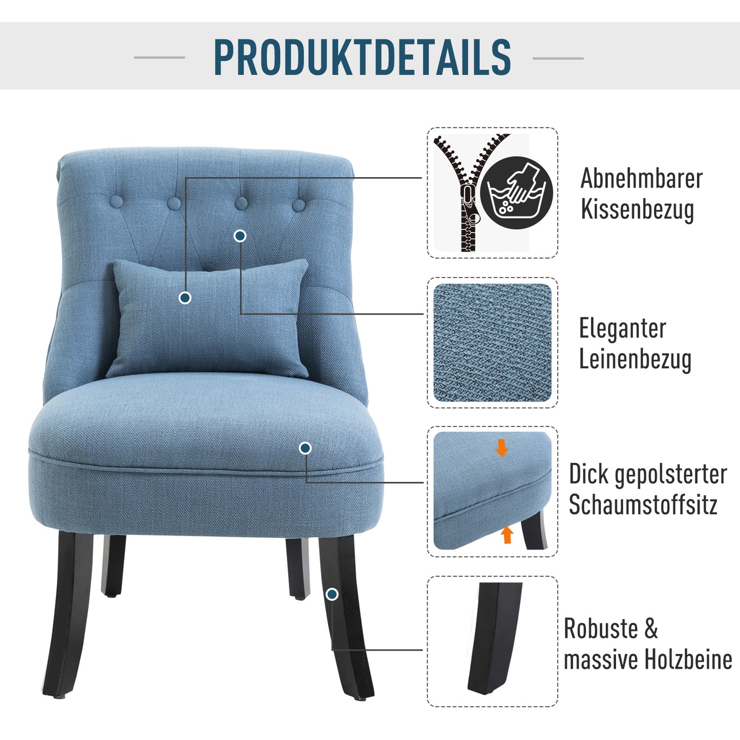HOMCOM Sessel Wohnzimmer Relaxsessel Loungesessel Ruhesessel mit Rückenkissen, Holzbeine, Lesesessel mit Leinenoptik, Polstersessel für Schlafzimmer, Blau