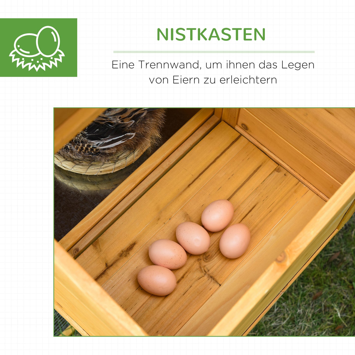 PawHut Zwerghühnerstall mit Freilauf und Brutkasten Wetterbeständig versiongeltes Tannenholz, Asphaltdach Natur + Grün