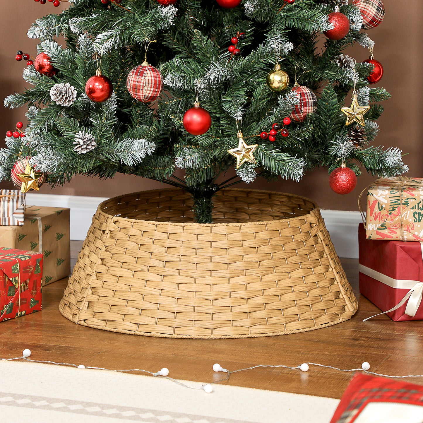 HOMCOM Weihnachtsbaumrock, Ø 68cm Weihnachtsbaum Kragen aus Kunststoff, für den Christbaum Ständer, Weihnachtsbaumständer Abdeckung für Zuhause, Party, Dekoration, Naturholz