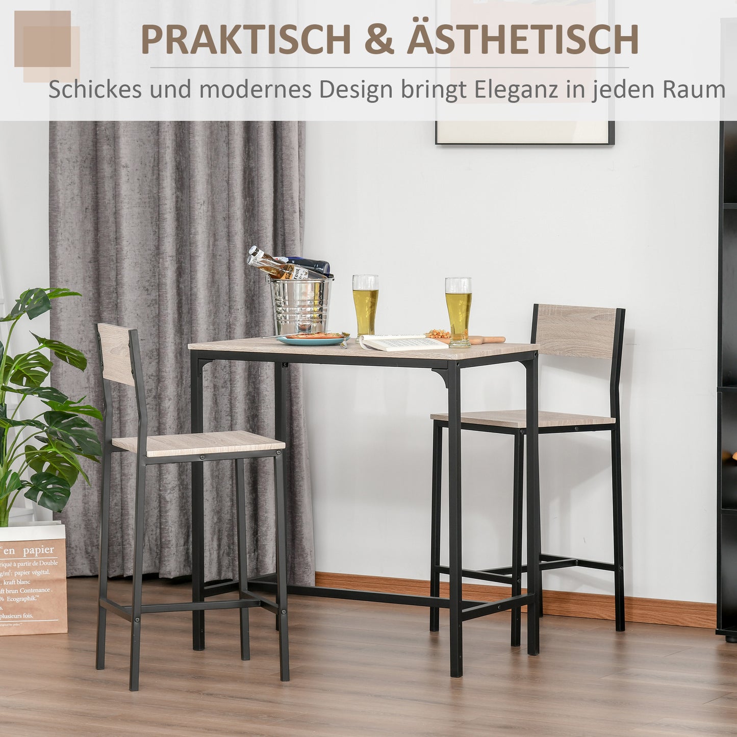 HOMCOM Bartisch Set Bartisch mit Barhocker-Set Esstisch mit 2 Stühlen mit Rückenlehne Küchentisch für Esszimmer, Küche, Natur+Schwarz