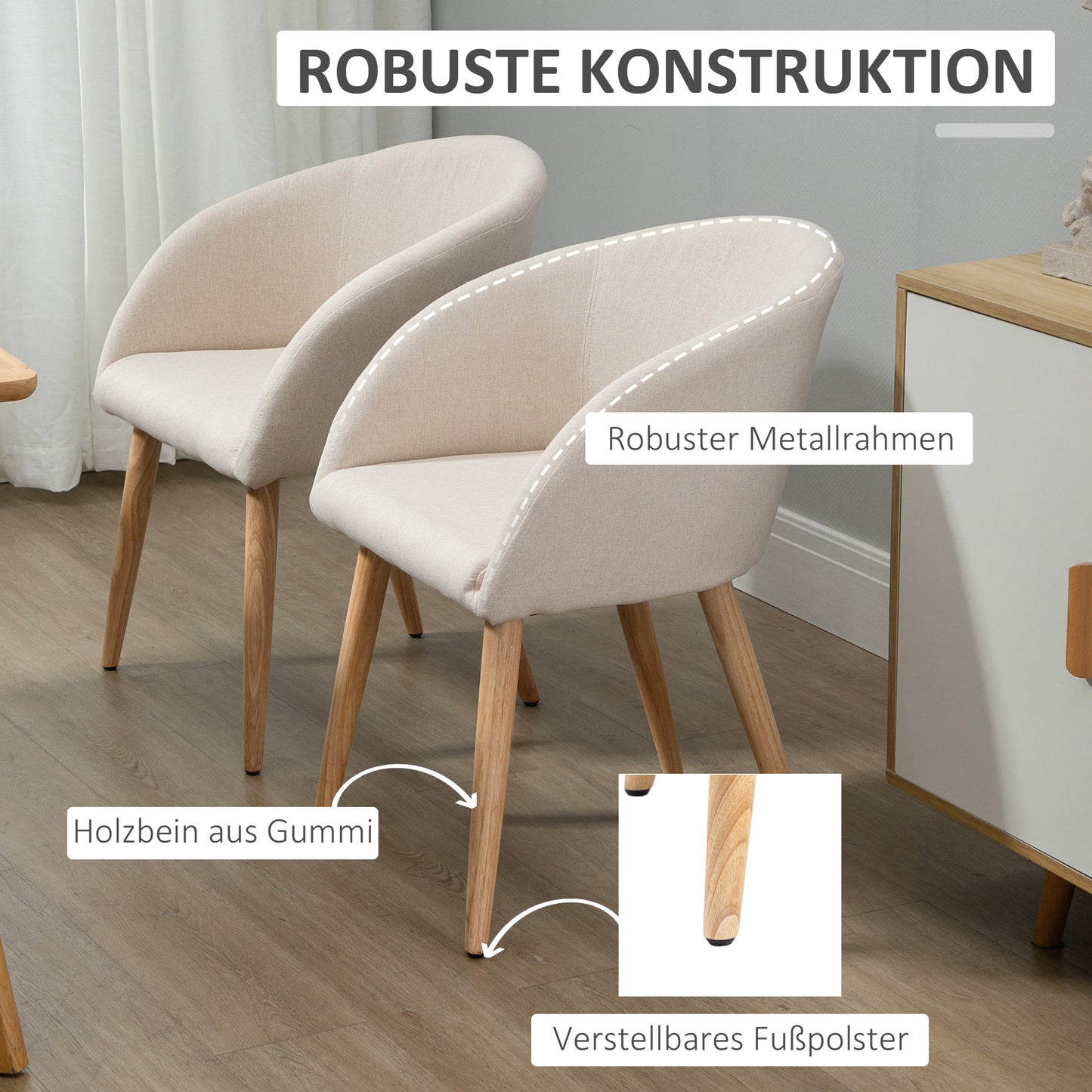 HOMCOM 2er-Set gepolsterte Stühle, skandinavisches Design, Polsterstühle mit Holzbeinen, rutschfeste Pads, 150 kg Belastbarkeit, Beige