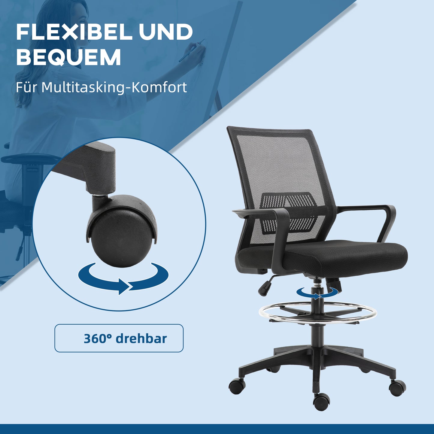 Vinsetto Bürostuhl, Höhenverstellbarer Schreibtischstuhl mit Fußablage, Netz-Rückenlehne, rollbar, Kunststoff, Schwarz