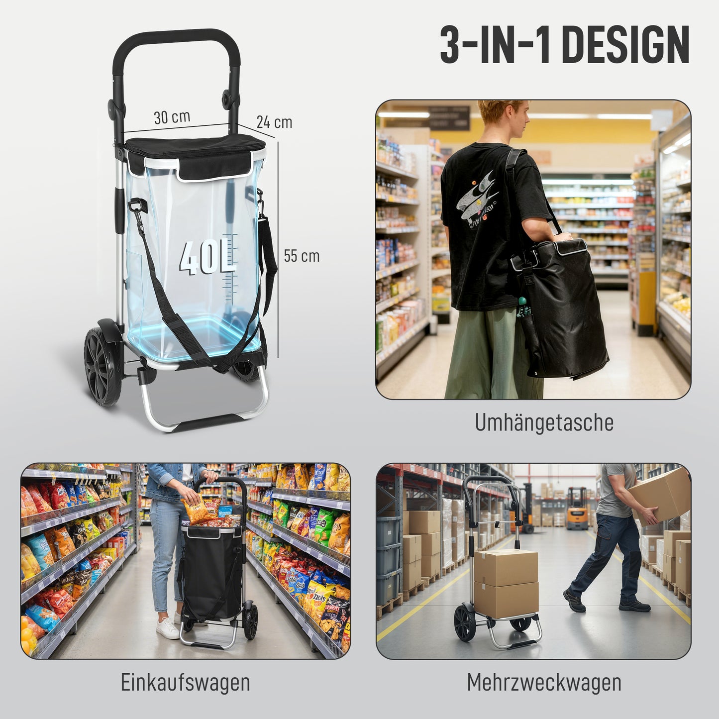 HOMCOM 3-in-1 Einkaufstrolley klappbar mit 40L Kapazität belastbar Trolley bis 25kg mit Kühlfach Schwarz