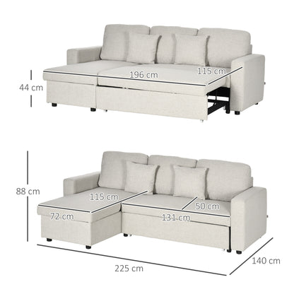 HOMCOM Ecksofa mit Bettfunktion, Eckcouch inklusive 2er-Sitz Sofa, Einzelbett, L-Form mit Stauraum, 2 Kissen Cremeweiß