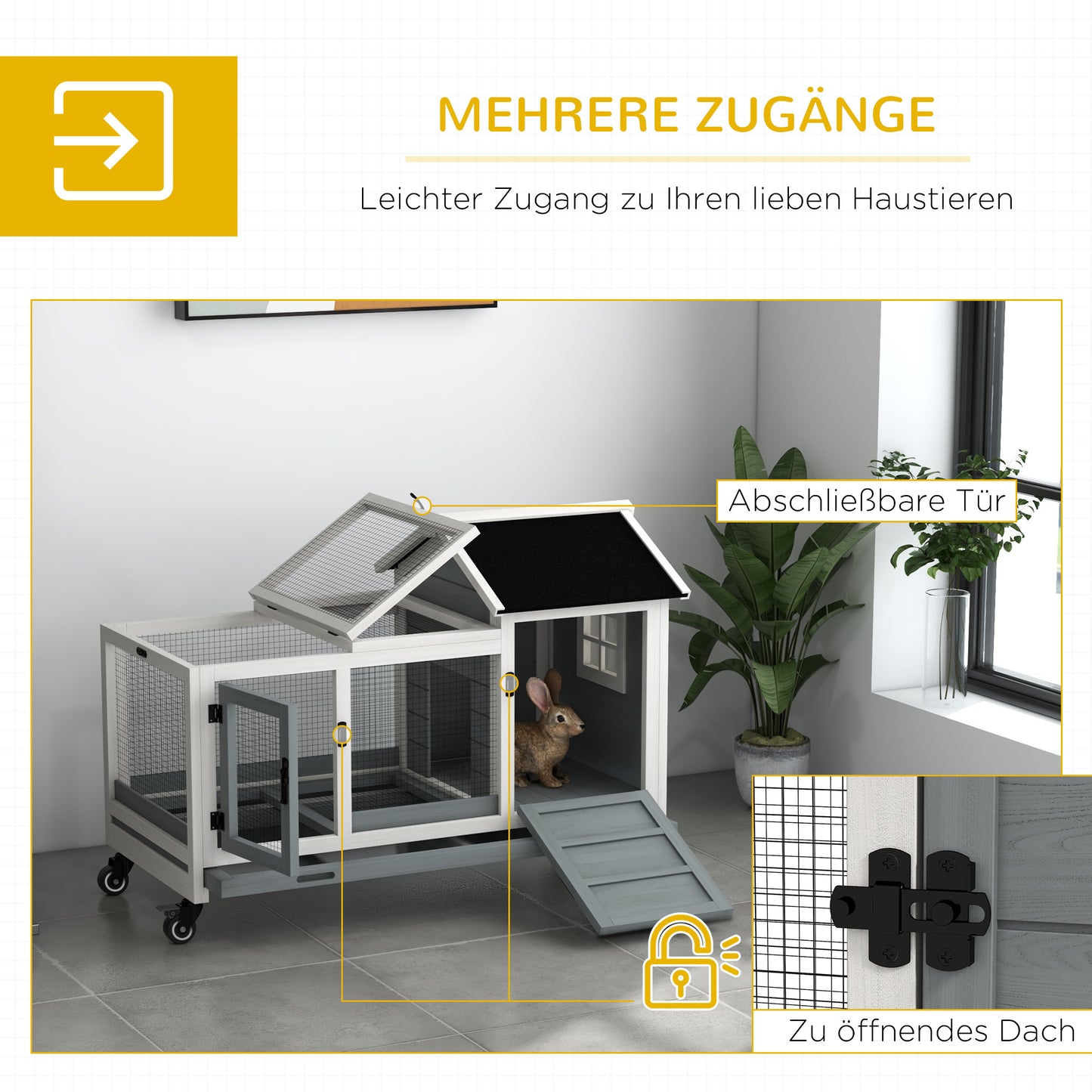 PawHut Kleintierstall für Zwergkaninchen, Meerschweinchen, mit Rädern, 108 x 58 x 73,5 cm, Grau