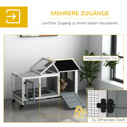 PawHut Kleintierstall für Zwergkaninchen, Meerschweinchen, mit Rädern, 108 x 58 x 73,5 cm, Grau