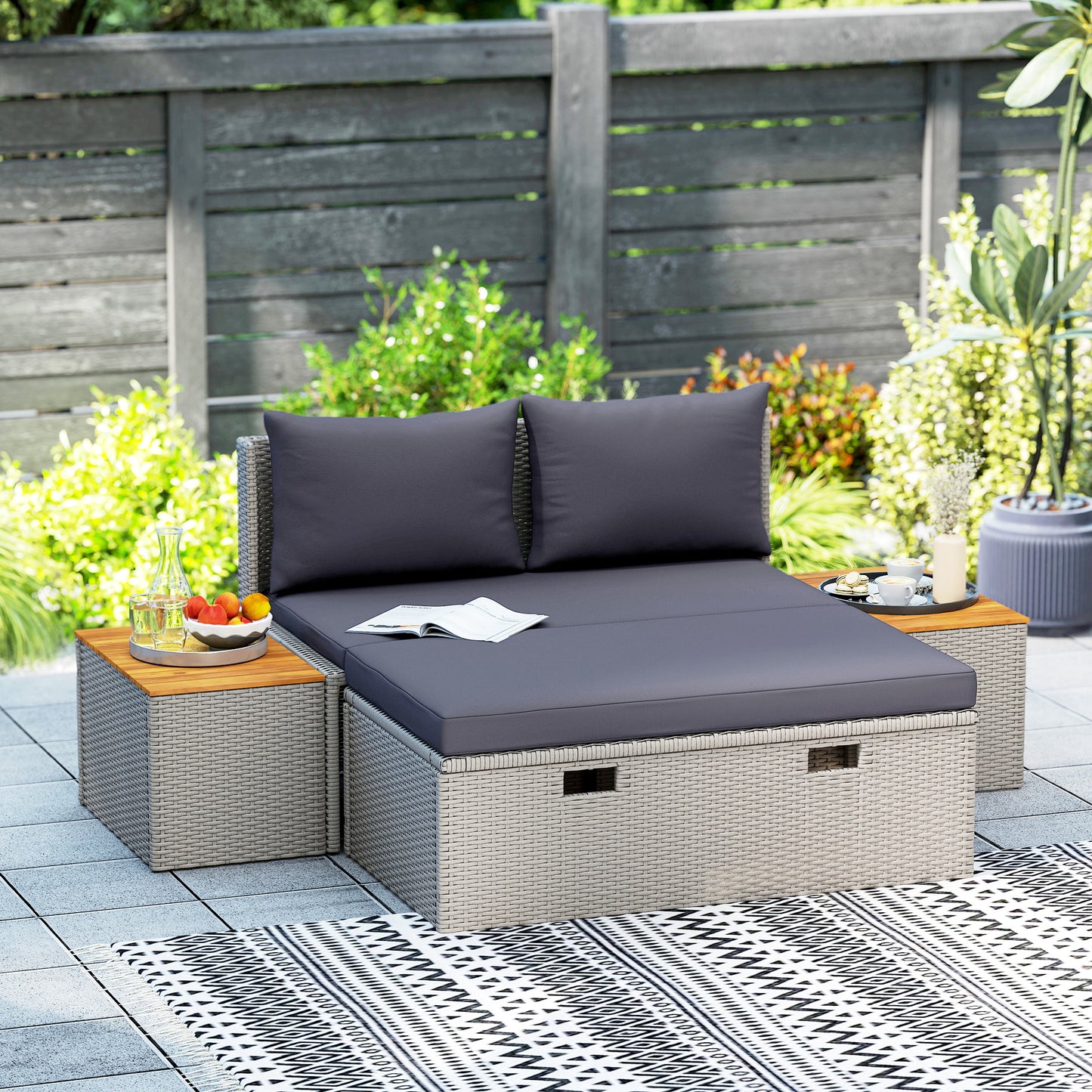 Outsunny Polyrattan Sonnenliege für 2 Personen Doppelliege mit Fußhocker Staurum Auflagen 125x114x72,5 cm Grau