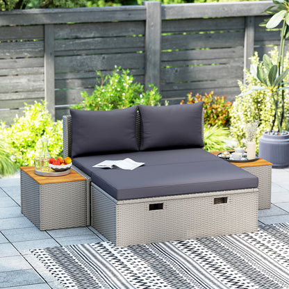 Outsunny Polyrattan Sonnenliege für 2 Personen Doppelliege mit Fußhocker Staurum Auflagen 125x114x72,5 cm Grau