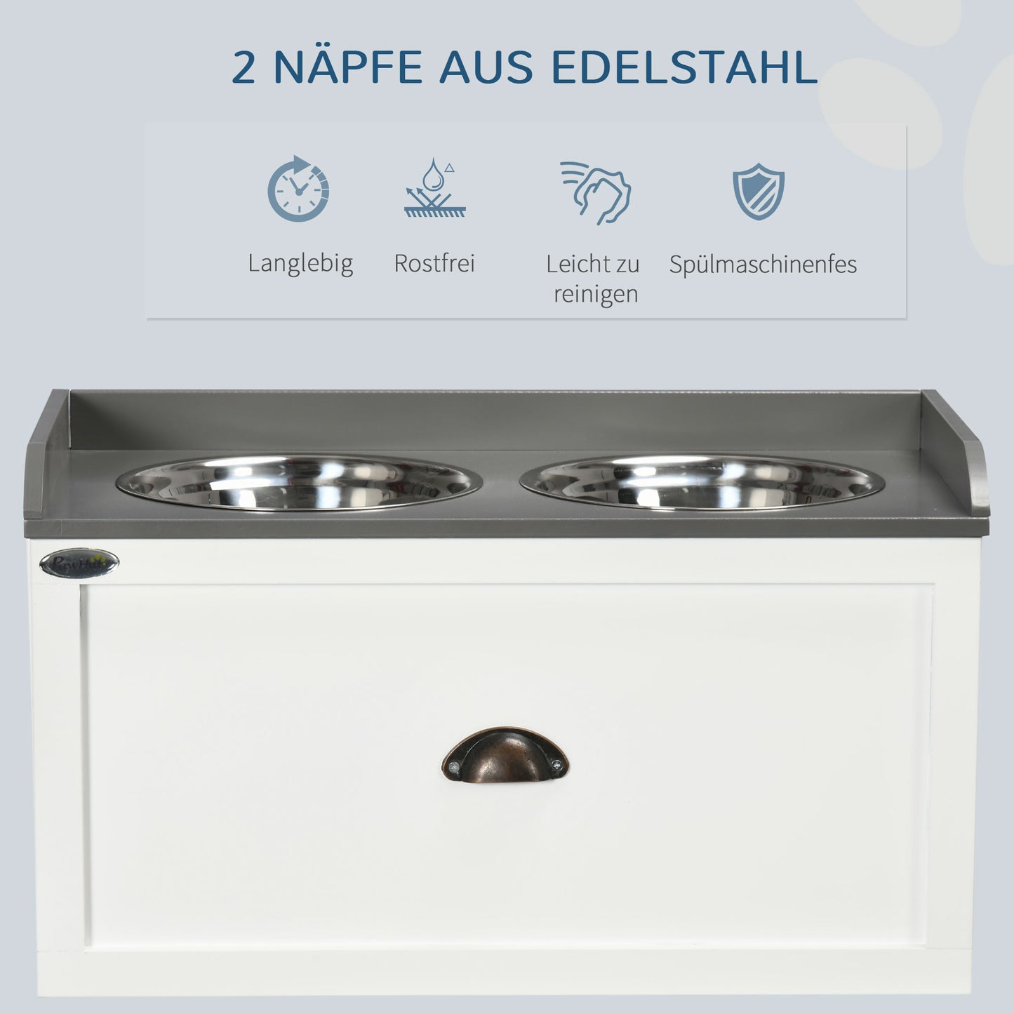 PawHut Futterstation, 2 Fressnäpfe je 2 Liter, Edelstahl, mit Schublade, für große Hunde, weiß+grau, 60 x 30 x 36 cm