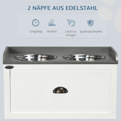 PawHut Futterstation, 2 Fressnäpfe je 2 Liter, Edelstahl, mit Schublade, für große Hunde, weiß+grau, 60 x 30 x 36 cm