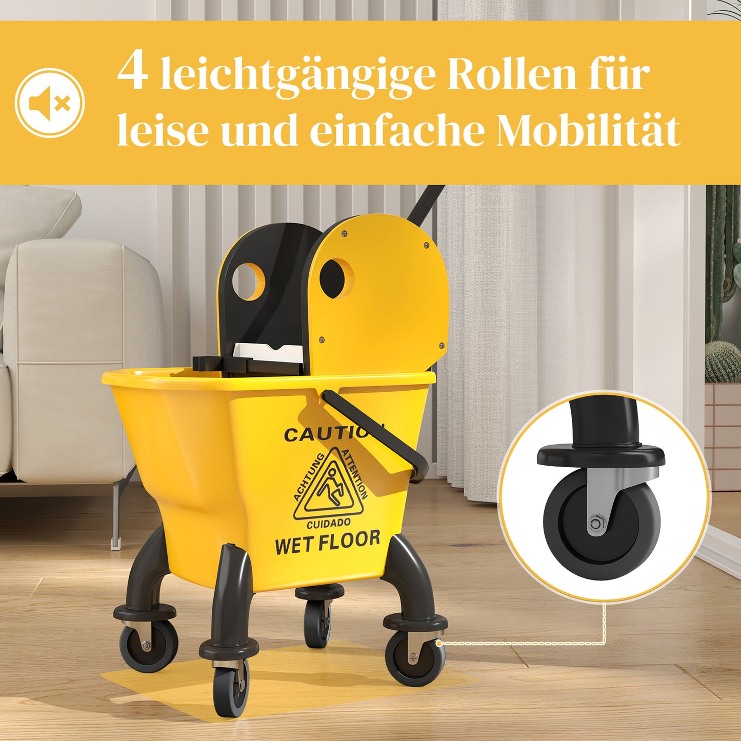 HOMCOM Rollbarer Mopp-Eimer, Wischeimer mit Auswringer und Mopp, 26 Liter, Gelb