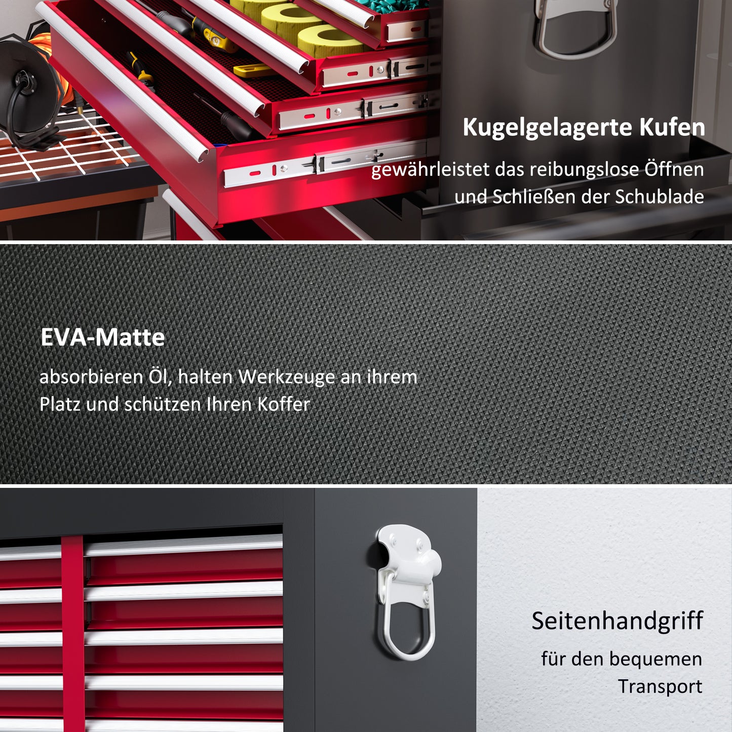 HOMCOM Werkzeugwagen, zweiteilig, abschließbar, 14 Schubladen, Lochwand, Stahl, Rot