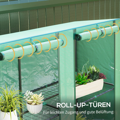 Outsunny Mini-Gewächshaus mit 3-Ebenen-Regal, Kunststoff-Abdeckung, UV-beständig, tragbar, Rolltür, 144 x 48 x 152 cm, Grün