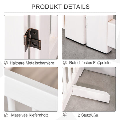 PawHut Absperrgitter Hund 4-teilig, 204 x 75 cm Faltbar Türschutzgitter mit Tür, Freistehend Hundegitter mit 2 Stützfüßen, Treppengitter aus Holz für Flur, Küche, Treppe, Weiß