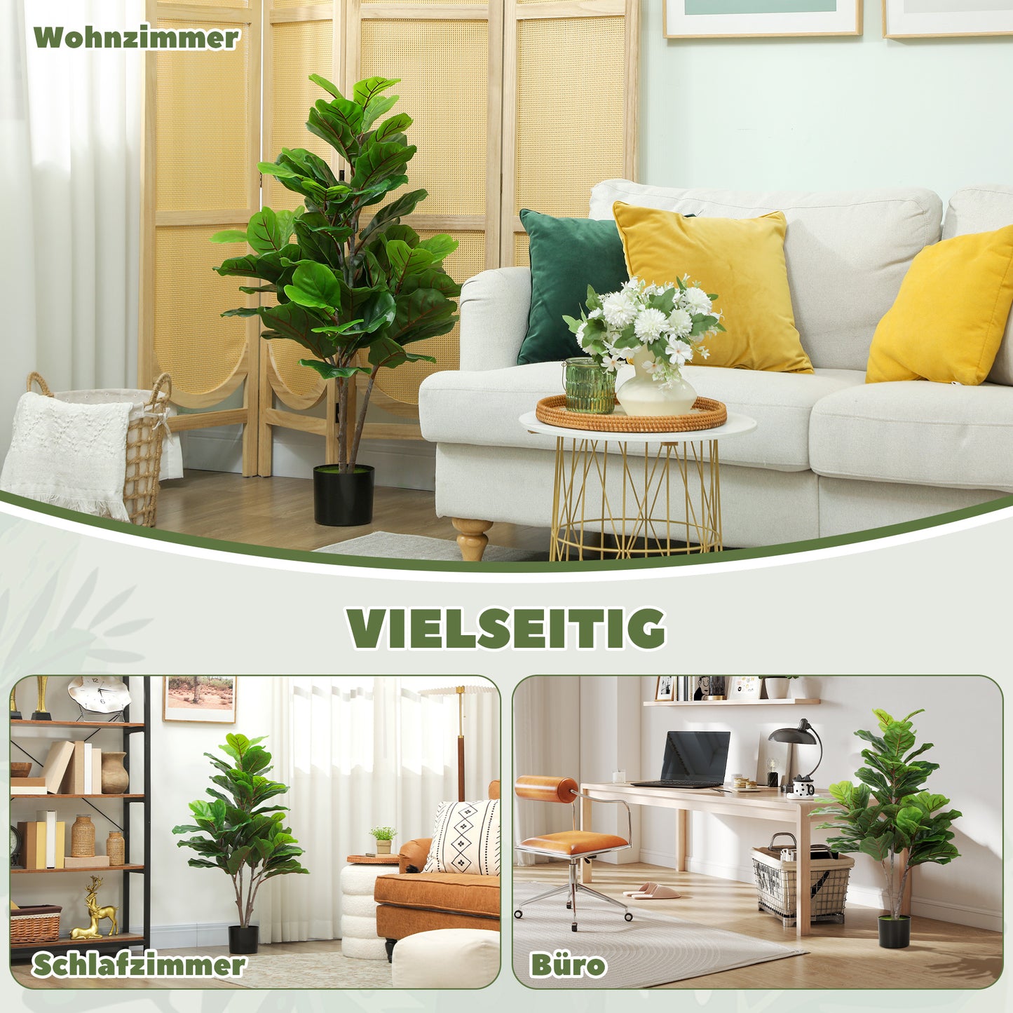 HOMCOM Künstliche Geigen-Feigenbaum 110cm Kunstpflanze, Plastik Künstliche Pflanzen im Topf, Dekoration Geschenk